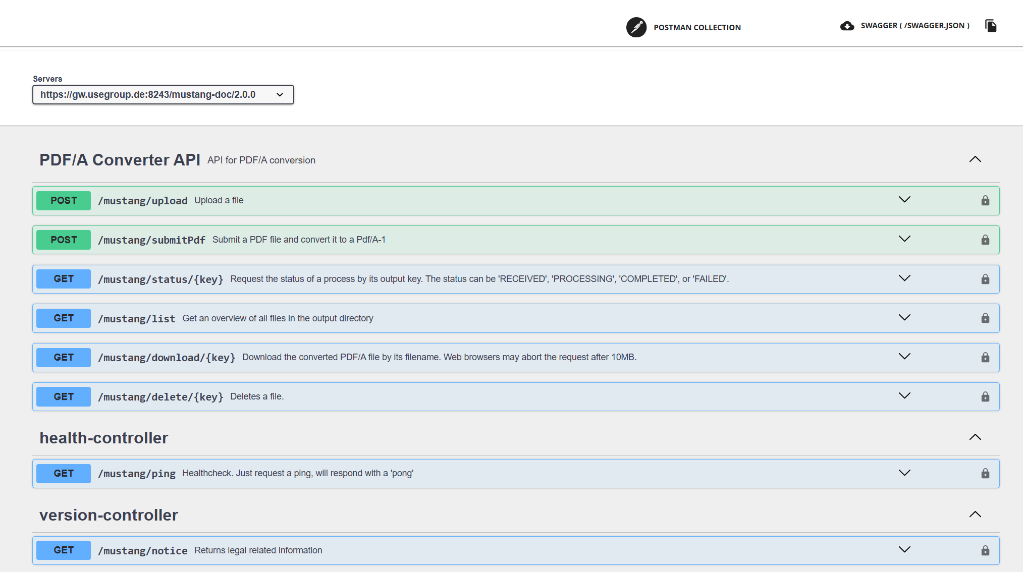 Screenshot of the documents endpoints