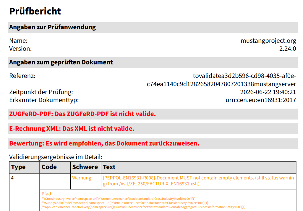 Screenshot of a part of a PDF validation report of an invalid file